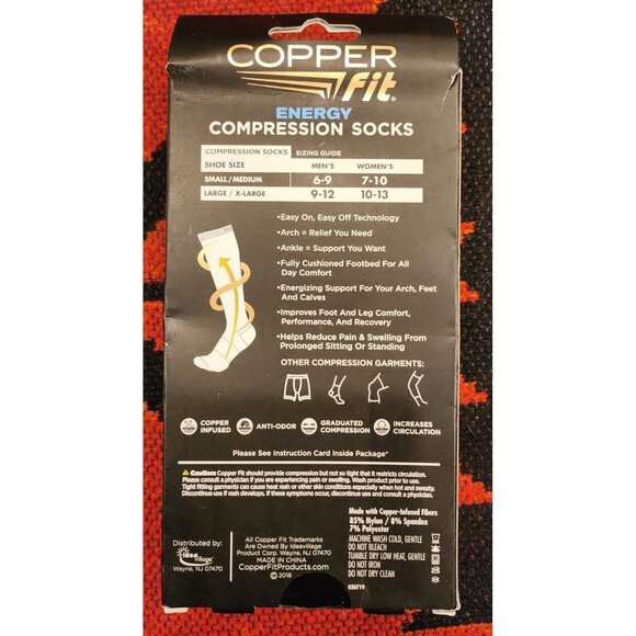 Copper Fit Energy Compression Socks L/XL Mens 9-12 Womens 10-13 Anti-Odor - Picture 3 of 5
